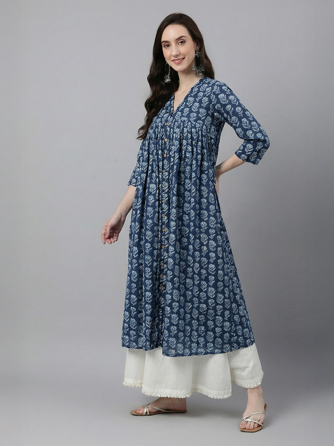 Janasya Women's Navy Blue Pure Cotton Floral Printed A-Line Flared Kurta