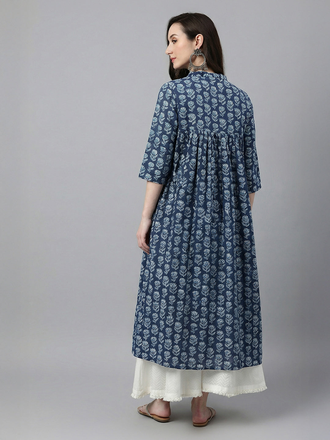 Janasya Women's Navy Blue Pure Cotton Floral Printed A-Line Flared Kurta