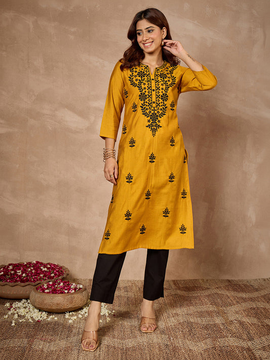 Janasya Women's Mustard Silk Blend Embroidered Straight Kurta