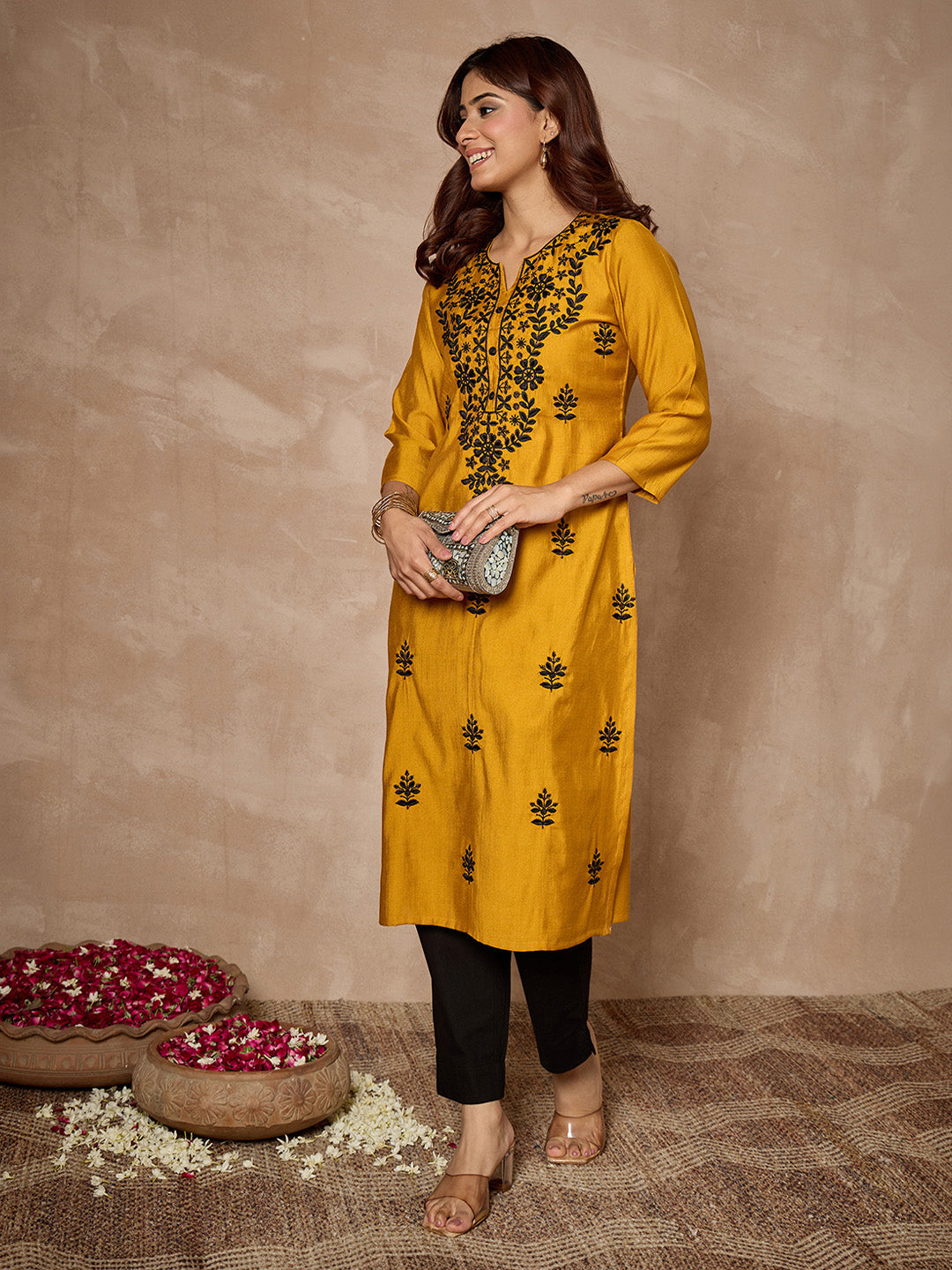 Janasya Women's Mustard Silk Blend Embroidered Straight Kurta