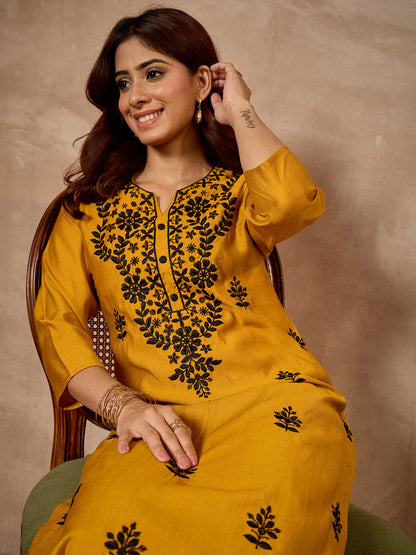 Janasya Women's Mustard Silk Blend Embroidered Straight Kurta