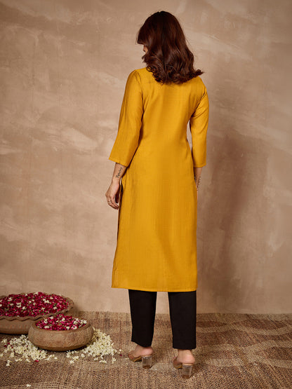 Janasya Women's Mustard Silk Blend Embroidered Straight Kurta