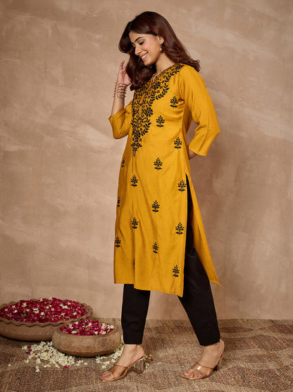 Janasya Women's Mustard Silk Blend Embroidered Straight Kurta