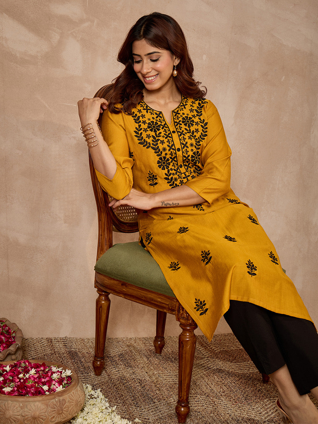 Janasya Women's Mustard Silk Blend Embroidered Straight Kurta