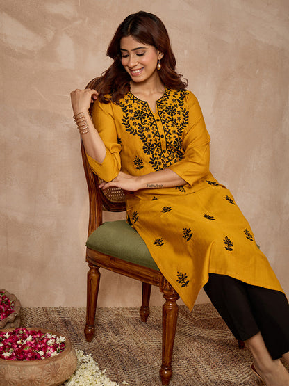 Janasya Women's Mustard Silk Blend Embroidered Straight Kurta