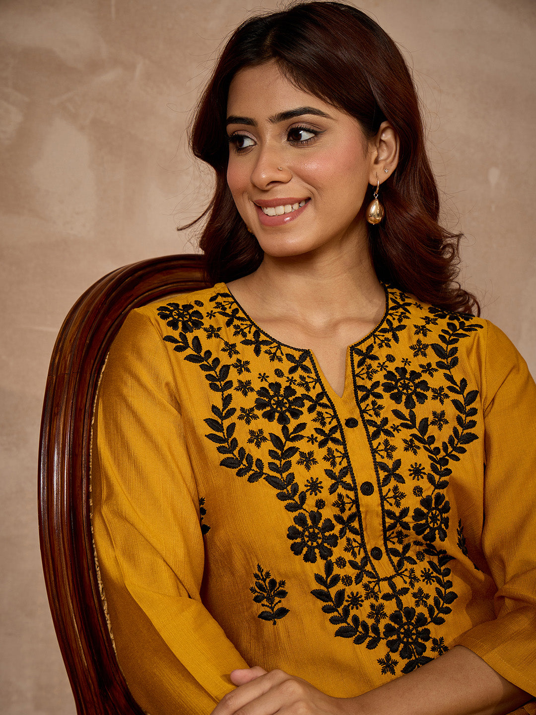 Janasya Women's Mustard Silk Blend Embroidered Straight Kurta