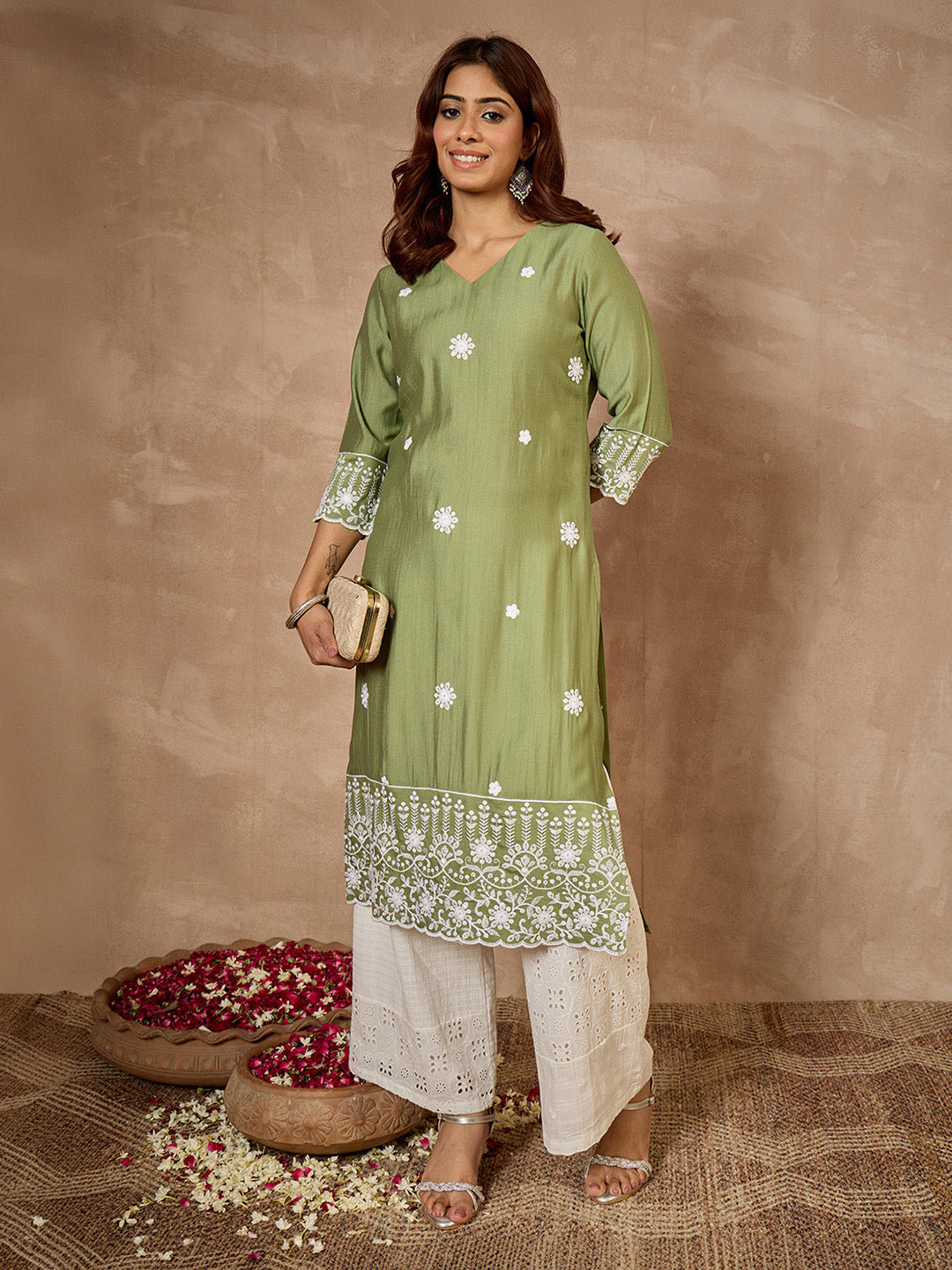 Janasya Women's Sage Green Silk Blend Embroidered Straight Kurta