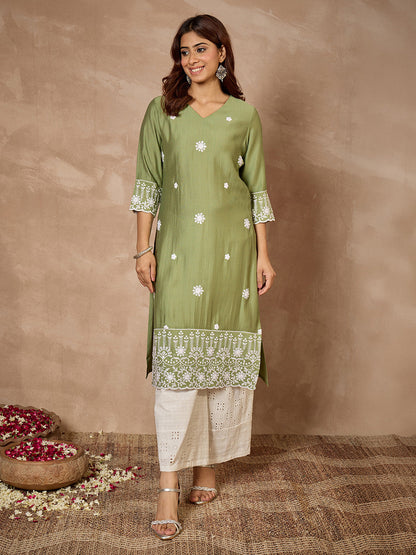 Janasya Women's Sage Green Silk Blend Embroidered Straight Kurta