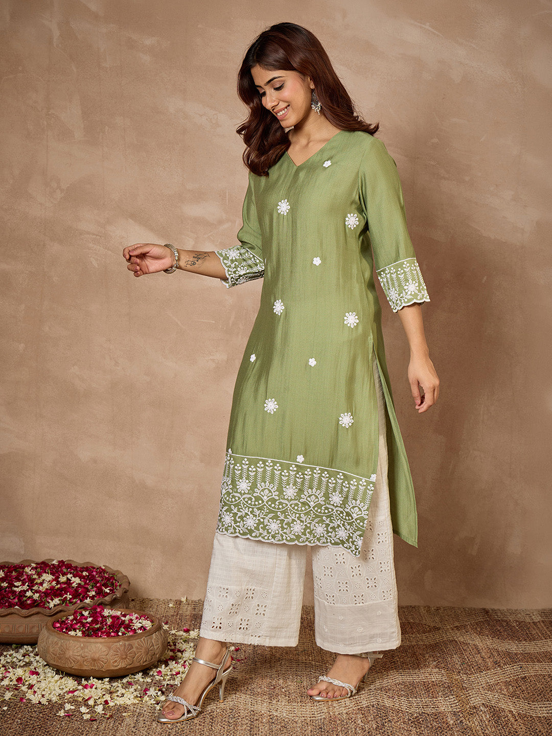 Janasya Women's Sage Green Silk Blend Embroidered Straight Kurta