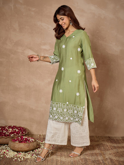 Janasya Women's Sage Green Silk Blend Embroidered Straight Kurta