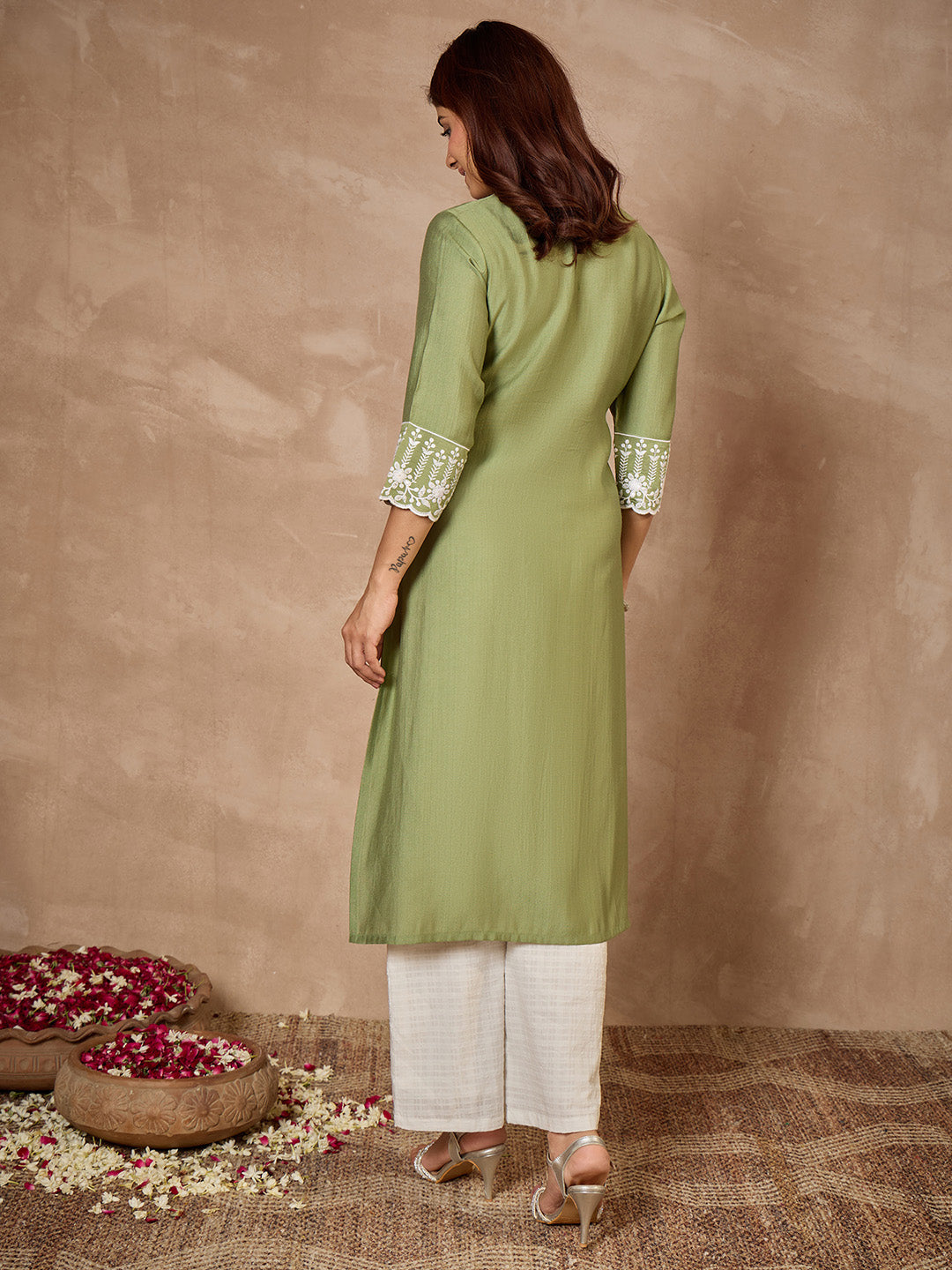 Janasya Women's Sage Green Silk Blend Embroidered Straight Kurta