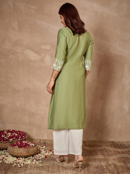 Janasya Women's Sage Green Silk Blend Embroidered Straight Kurta