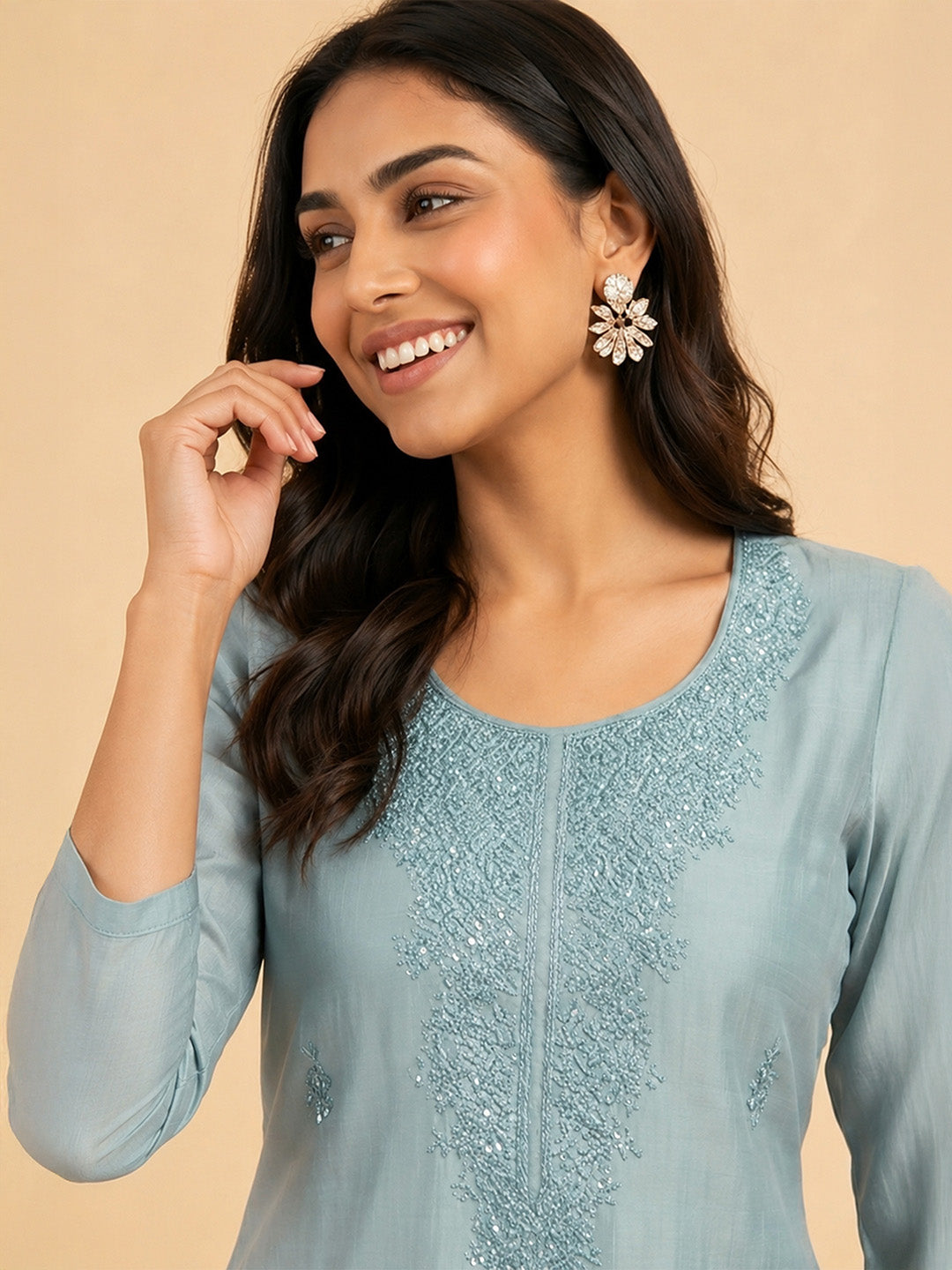 Janasya Women's Blue Silk Blend Embroidered Straight Kurta