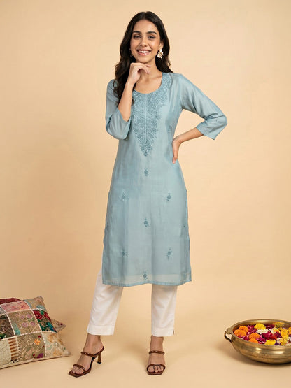 Janasya Women's Blue Silk Blend Embroidered Straight Kurta