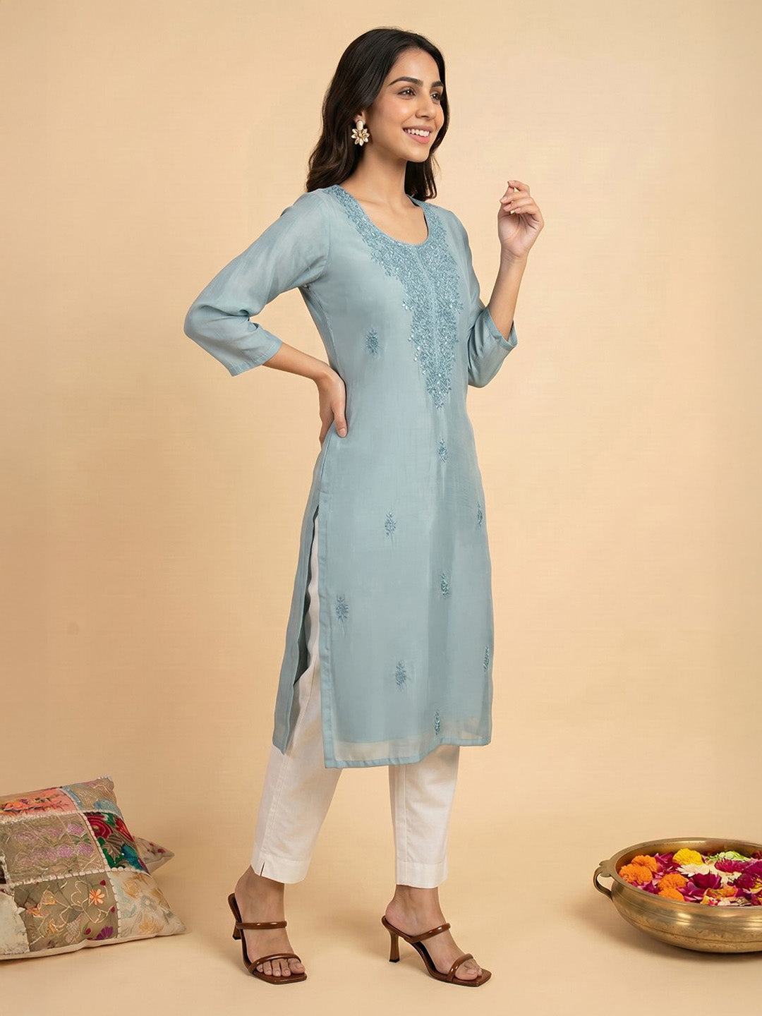 Janasya Women's Blue Silk Blend Embroidered Straight Kurta