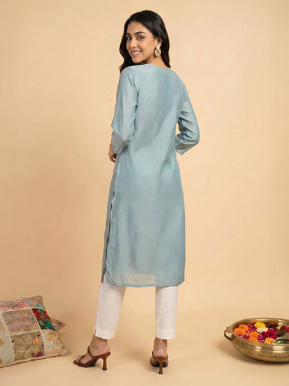 Janasya Women's Blue Silk Blend Embroidered Straight Kurta
