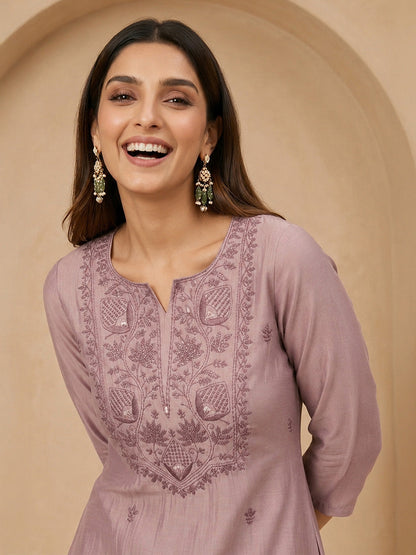 Janasya Women's Lavender Silk Blend Yoke Embroidered Straight Kurta