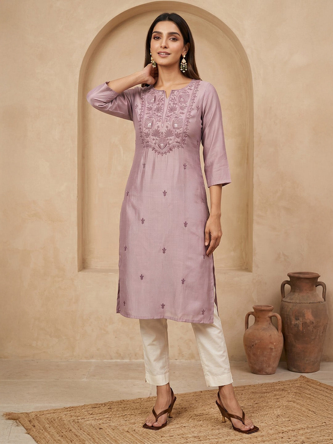 Janasya Women's Lavender Silk Blend Yoke Embroidered Straight Kurta