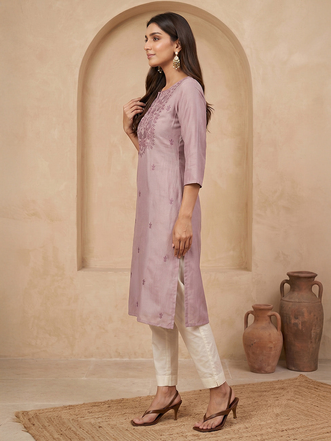 Janasya Women's Lavender Silk Blend Yoke Embroidered Straight Kurta