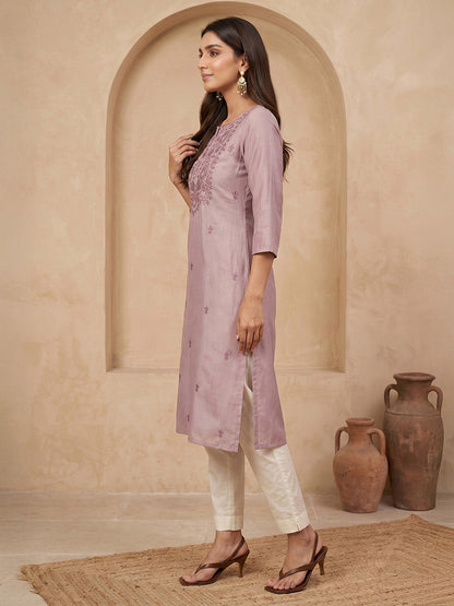 Janasya Women's Lavender Silk Blend Yoke Embroidered Straight Kurta