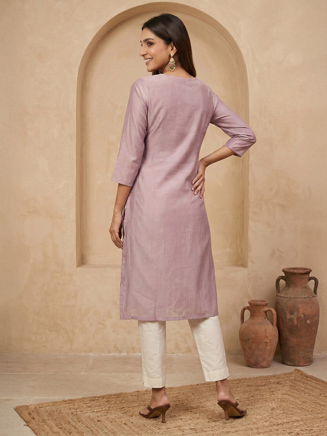 Janasya Women's Lavender Silk Blend Yoke Embroidered Straight Kurta