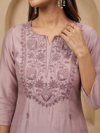 Janasya Women's Lavender Silk Blend Yoke Embroidered Straight Kurta