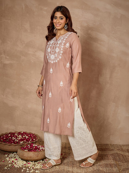 Janasya Women's Dusty Brown Silk Blend Embroidered Straight Kurta