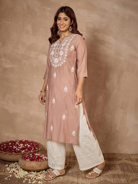 Janasya Women's Dusty Brown Silk Blend Embroidered Straight Kurta