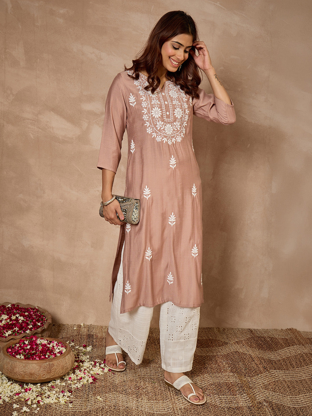 Janasya Women's Dusty Brown Silk Blend Embroidered Straight Kurta