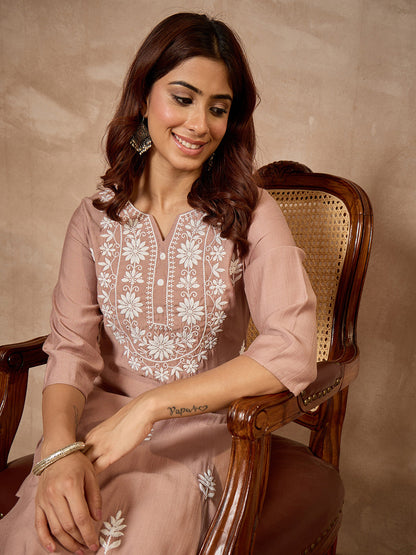 Janasya Women's Dusty Brown Silk Blend Embroidered Straight Kurta