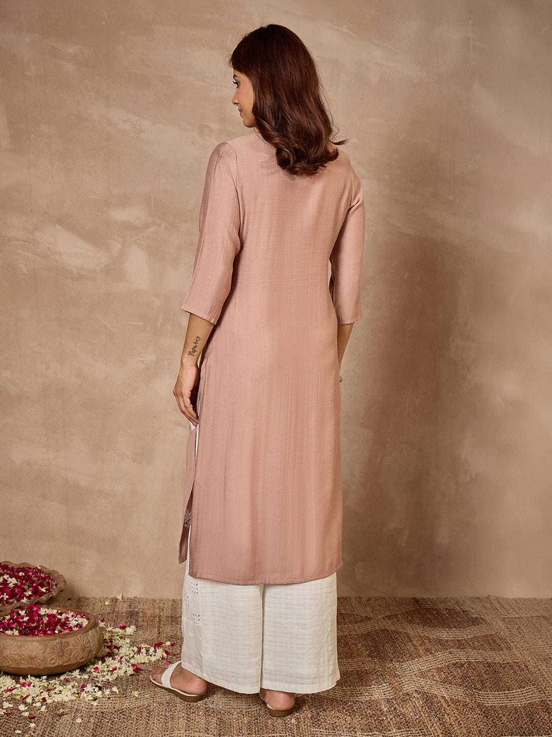 Janasya Women's Dusty Brown Silk Blend Embroidered Straight Kurta