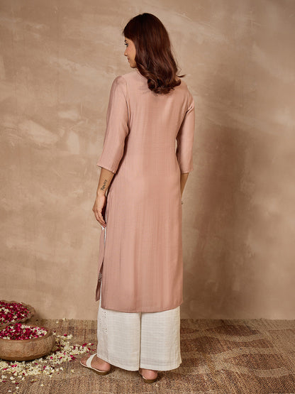 Janasya Women's Dusty Brown Silk Blend Embroidered Straight Kurta