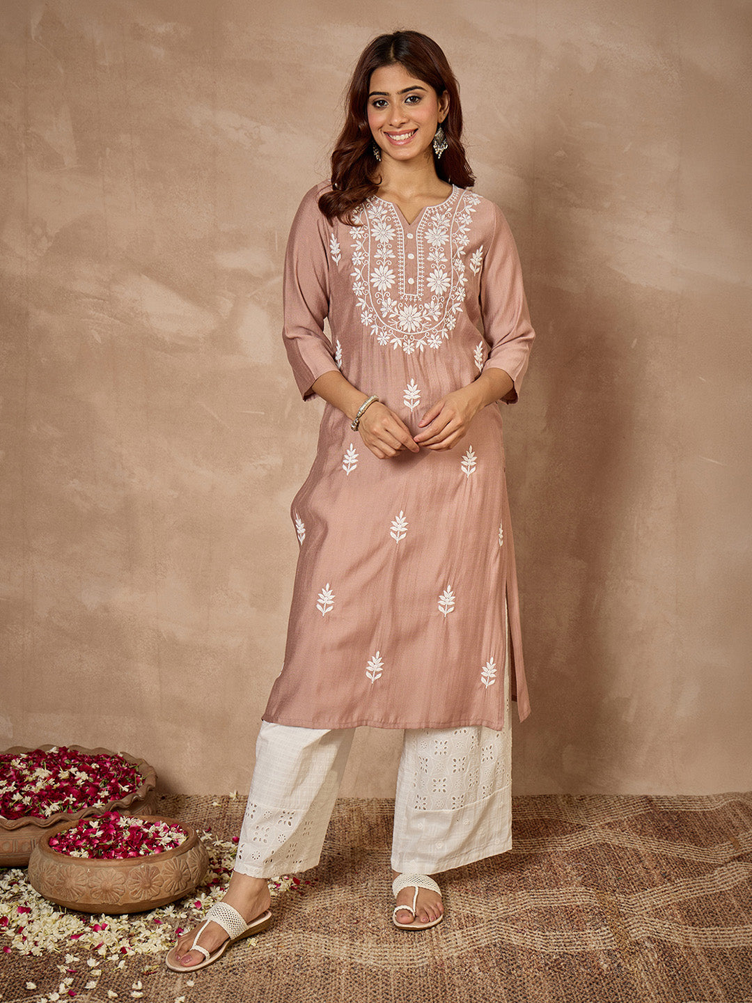 Janasya Women's Dusty Brown Silk Blend Embroidered Straight Kurta