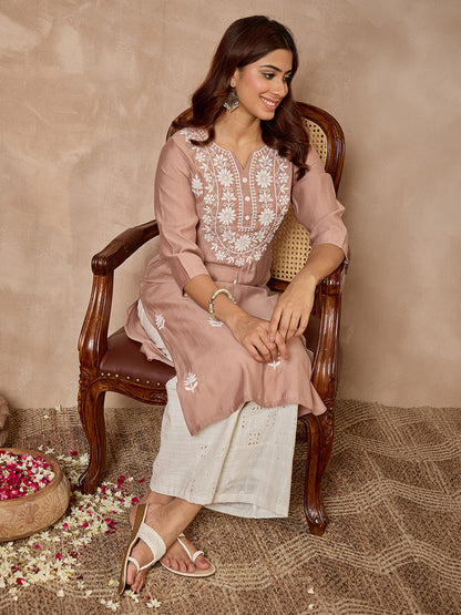 Janasya Women's Dusty Brown Silk Blend Embroidered Straight Kurta