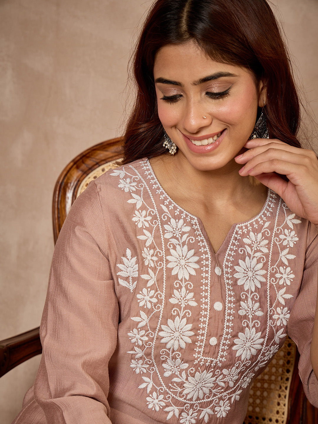 Janasya Women's Dusty Brown Silk Blend Embroidered Straight Kurta