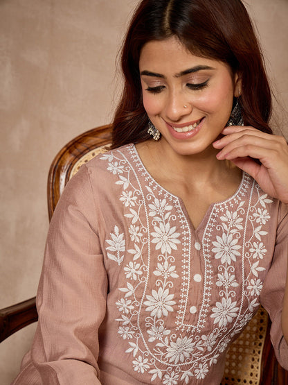 Janasya Women's Dusty Brown Silk Blend Embroidered Straight Kurta