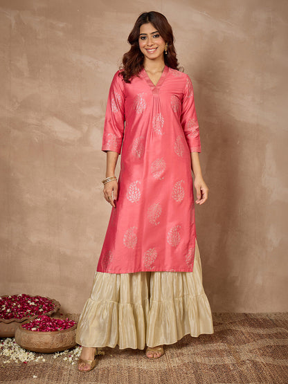 Janasya Women's Pink Silk Blend Leaf Foil Printed Straight Kurta