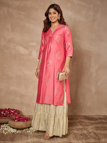 Janasya Women's Pink Silk Blend Leaf Foil Printed Straight Kurta