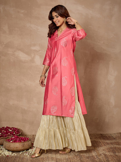 Janasya Women's Pink Silk Blend Leaf Foil Printed Straight Kurta