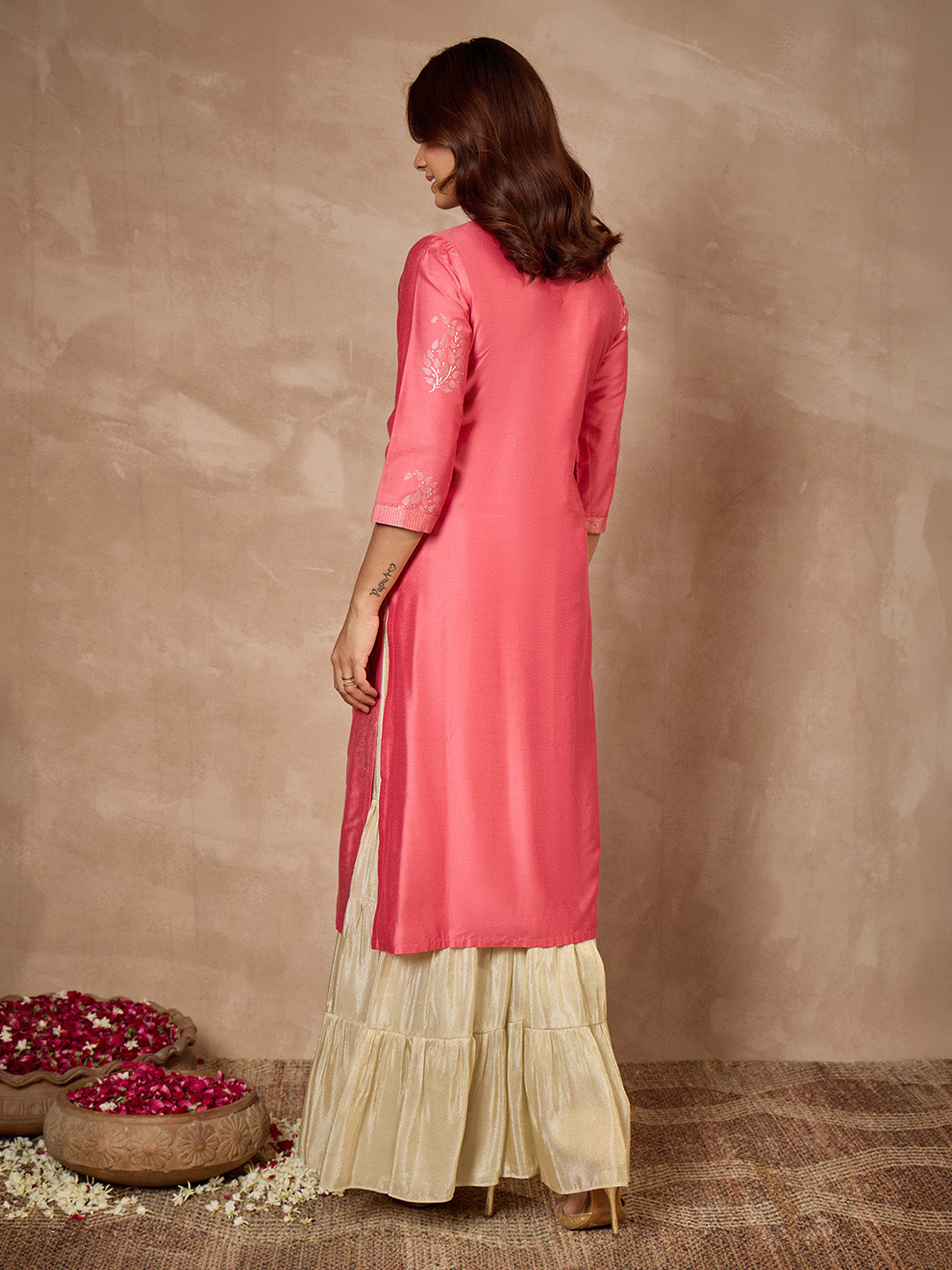Janasya Women's Pink Silk Blend Leaf Foil Printed Straight Kurta