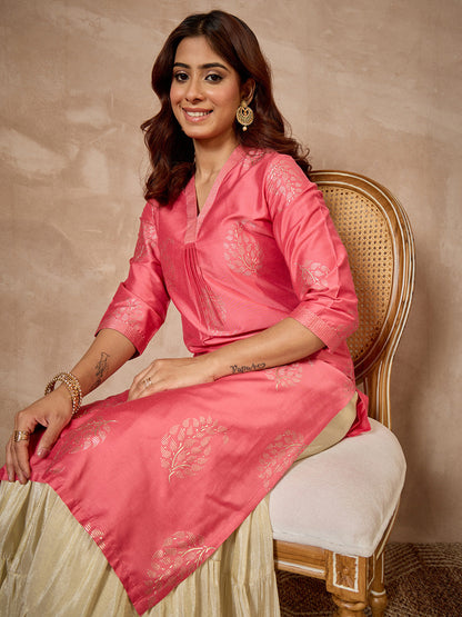 Janasya Women's Pink Silk Blend Leaf Foil Printed Straight Kurta