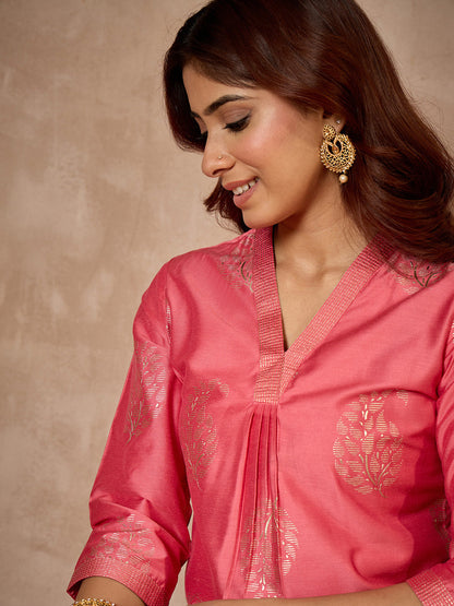 Janasya Women's Pink Silk Blend Leaf Foil Printed Straight Kurta