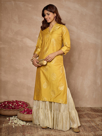 Janasya Women's Mustard Silk Blend Foil Printed Straight Kurta