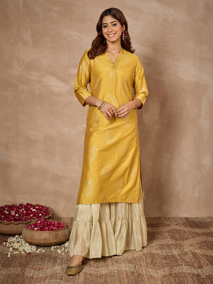 Janasya Women's Mustard Silk Blend Foil Printed Straight Kurta