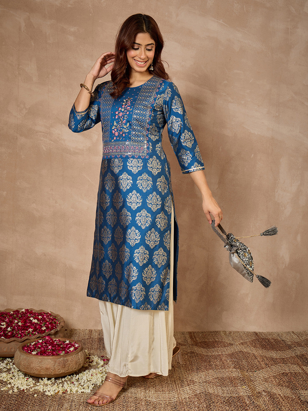Janasya Women's Teal Blue Silk Blend Foil Printed Floral Embroidered Straight Kurta