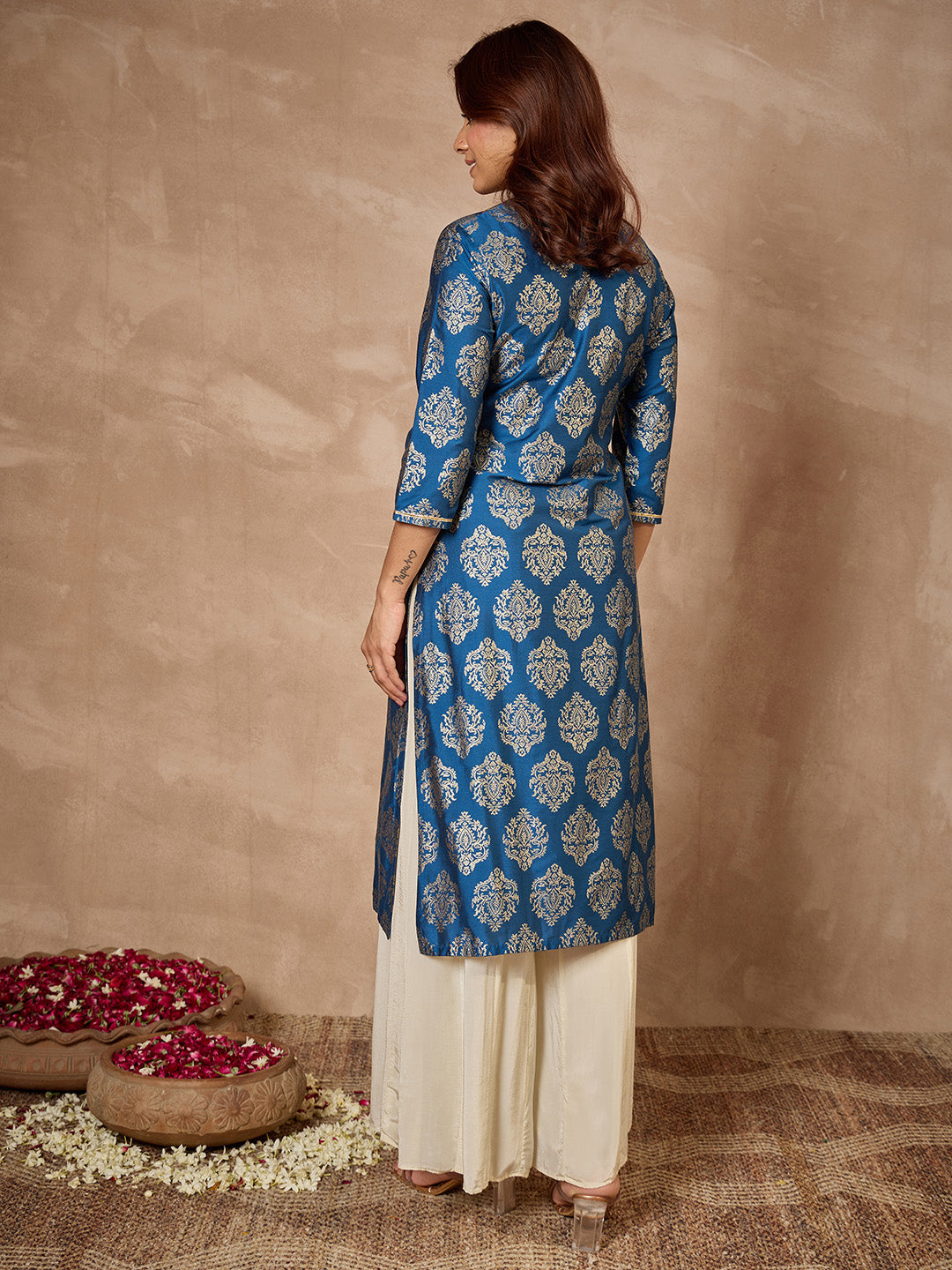 Janasya Women's Teal Blue Silk Blend Foil Printed Floral Embroidered Straight Kurta