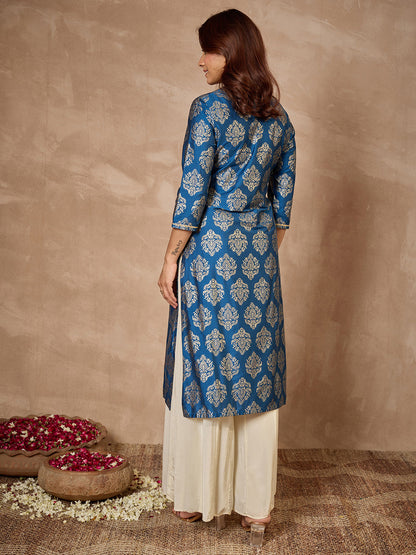 Janasya Women's Teal Blue Silk Blend Foil Printed Floral Embroidered Straight Kurta