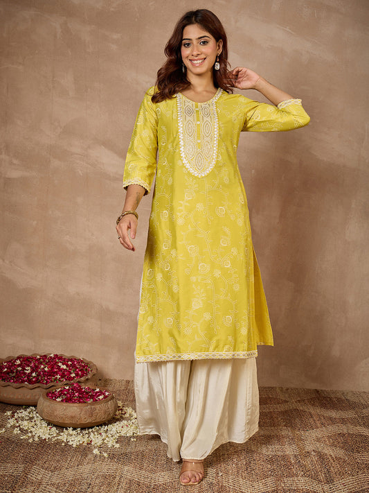 Janasya Women's Lime Silk Blend Yoke Embroidered Foil Printed Straight Kurta