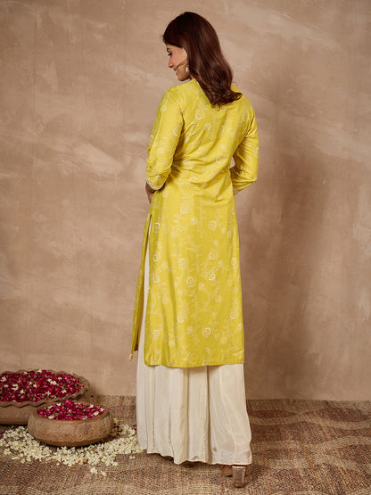 Janasya Women's Lime Silk Blend Yoke Embroidered Foil Printed Straight Kurta