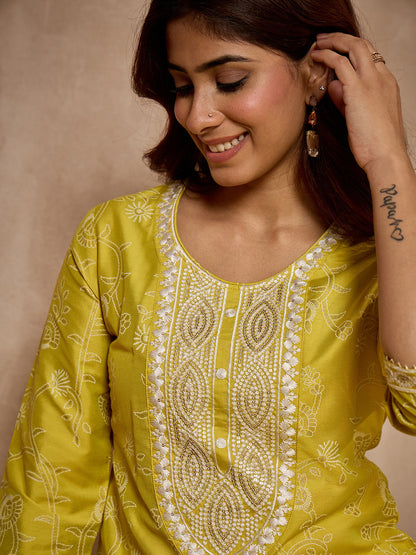 Janasya Women's Lime Silk Blend Yoke Embroidered Foil Printed Straight Kurta